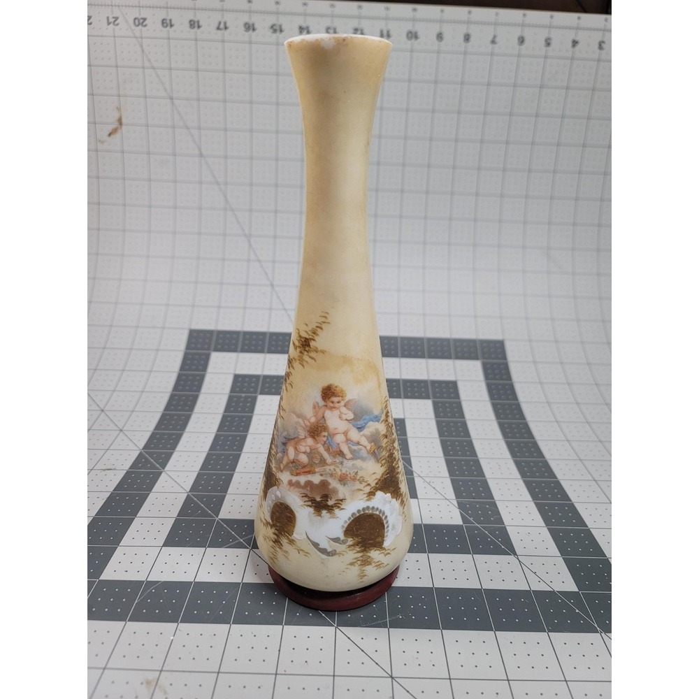 Victorian Tall Thin Bristol Glass Cherub Vase Cupid Cream Colored 10"